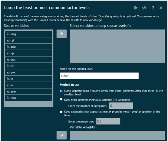 Lump the least or most common factor levels Lump the least or most common factor levels